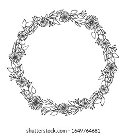 Marco floral. La primavera florece. Ilustración dibujada a mano lineal vectorial. Flores en círculo. Doodle blanco y negro 