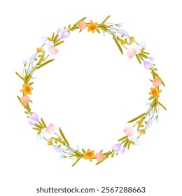 Floral frame, spring flowers on white isolated background. Vector illustration