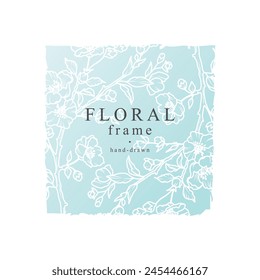 Floral frame with spring flowers pattern in line art style. Vector hand drawn decoration, branches with flowers on color background for labels, wedding invitations, logo template, packaging