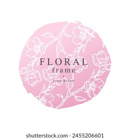 Floral frame with spring flowers pattern in line art style. Vector hand drawn decoration, branches with flowers on color background for labels, wedding invitations, logo template, packaging