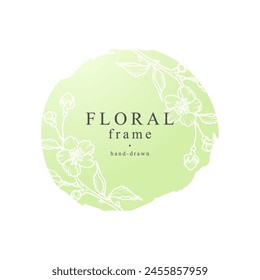 Blumenrahmen mit Frühlingsblumenmuster im Line-Art-Stil. Vektorgrafik Handgezeichnete Dekoration, Äste mit Blumen auf farbigem Hintergrund für Etiketten, Hochzeitseinladungen, Logo-Vorlage, Verpackung