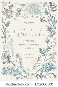  Floral frame with spring and summer garden plants.  Little garden. Vector botanical illustration.  Wedding invitation with flowers. Vintage style. Dusty colors.