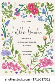  Floral frame with spring and summer garden plants.  Little garden. Vector botanical illustration. Vintage style. Invitation card with flowers. Muscari, ferns, wormwood, geranium, hyacinth, rose.