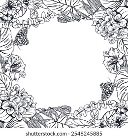 Floral frame square. Tropical leaves of palm tree monstera, fern, hydrangea, butterflies. Vector illustration. Graphics. Cards, invitations, labels.