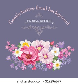 Floral frame with summer flowers. Floral bouquet with rose, narcissus, carnation, lilac and wildflower. Vintage Greeting Card with flowers. Watercolor flourish border. Floral background.