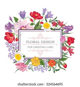 Floral frame with summer flowers Floral bouquet pattern Greeting Card with flowers Flourish border Floral background.