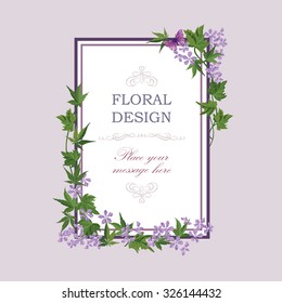 Floral frame with summer flowers. Floral bouquet with lilac wildflower. Vintage Greeting Card with flowers. Watercolor flourish border. Floral background.