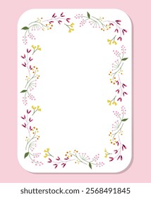 Floral frame with summer meadow wildflowers, grass, leaves. Botanical border  For wedding invitation, birthday and Mothers Day card