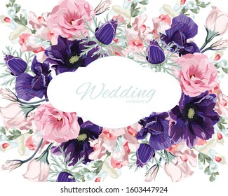 Floral frame with summer spring flowers. Floral bouquet with eustoma, narcissus, anemones, lilac and wildflower. Vintage Greeting Card with flowers. Watercolor flourish border. Floral background.