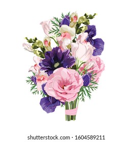 Floral frame with summer spring flowers. Floral bouquet with eustoma, narcissus, anemones, lilac and wildflower. Vintage Greeting Card flowers bouquet. 