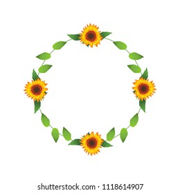 Floral Frame, Sunflowers, Leaves, Vector Illustration