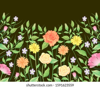 Floral frame template decoration. Beautiful rose flowers and leaves watercolor style.