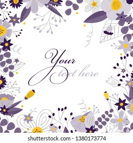 Floral frame template. Hand drawn elegant frame with wild flowers. Spring ans summer design for posters, invitations, bunners, greetings, prints and more