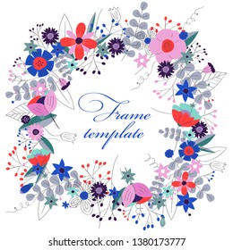 Floral frame template. Hand drawn elegant frame with wild flowers. Spring ans summer design for posters, invitations, bunners, greetings, prints and more