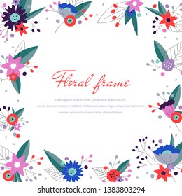 Floral frame template. Hand drawn elegant frame with wild flowers. Spring and summer design for posters, invitations, banners, greetings, prints and more