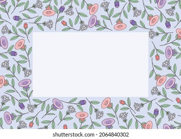 Floral frame template. Stylized fantasy flowers and buds on a pale blue background. Multi-colored image. Horizontal layout. There is free space for text. Vector illustration.