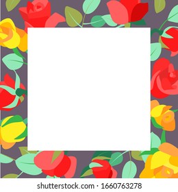 Floral frame for text, congratulations. Vector doodle illustration with beautiful yellow and red roses. Colorful picture on a dark background for congratulations, postcards, wallpapers, wrapping paper