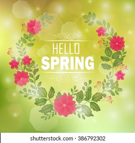 Floral frame with text hello spring and bokeh background.Vector