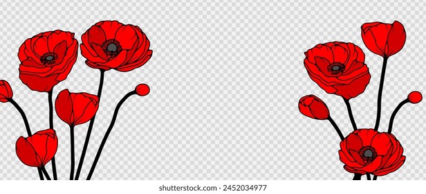 Floral frame for text or photo with red poppies isolated on a transparent background. Floral design. Contour of poppy flowers.