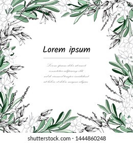 Floral frame for text from white and green leaves. Postcard for congratulations and invitations with flowers. Vector illustration