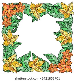 Floral frame with tropical flowers in stained glass technique. Vector illustration 