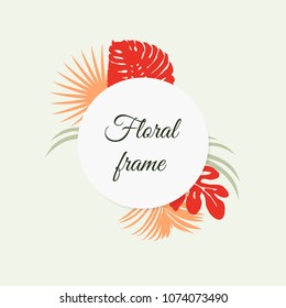 Floral frame with tropical orange leaves