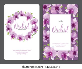 Floral frame with tropical orchid flowers on purple background template. Vector set of blooming floral for holiday invitations, greeting card and fashion design.
