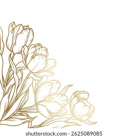 Floral frame with tulip bouquet. Corner decoration with golden flowers, branches and leaves in line art style. Vector illustration for wedding invitation, card, banner, advertisement, packaging