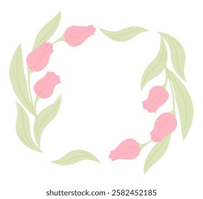 Floral frame with tulips and leaves. Template with copy space for text. Springtime and wedding invitation concept. Vector illustration in flat style. Design for greeting card, postcard, banner, poster