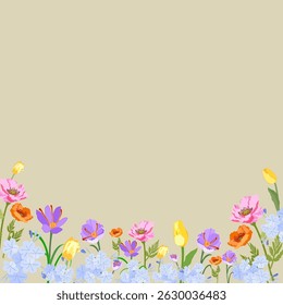 Floral frame with variety colorful flowers pink poppies with a light beige background and ample copy space. cheerful and spring-like design,Ideal for greeting cards,invitations,spring-themed