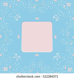 Floral frame Vector blue Background with flowers and butterflies