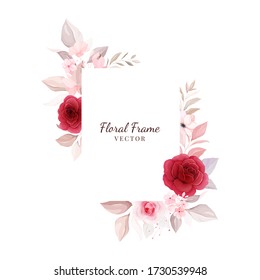 Floral frame vector. Botanic decoration illustration of red and peach roses, leaves, branches. Botanic composition for wedding or greeting card design, logo, etc