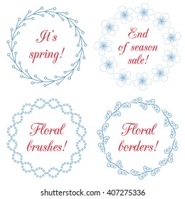 Floral frame vector brush set. Collection of cute retro floral borders, frames brushes. Isolated on white background. Perfect for wedding invitations, store banners and birthday cards