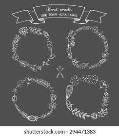 Floral Frame vector collection. Set of cute retro hand drawn flowers arranged in a shape of the wreath perfect for wedding invitations and birthday cards. Romantic wreath with copyspace for your text.
