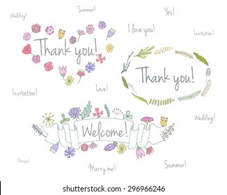 Floral Frame vector collection. Set of cute retro hand drawn flowers arranged in a shape of the wreath perfect for wedding invitations and birthday cards. Romantic wreath with copyspace for your text.