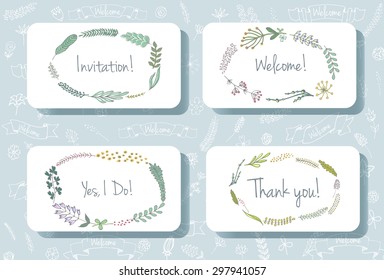 Floral Frame vector collection. Set of cute retro hand drawn flowers arranged in a shape of the wreath perfect for wedding invitations and birthday cards. Romantic wreath with copy space for your text.