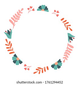 Floral frame Vector decorative round frame with stylised flowers. Decoration in naive Scandinavian style.