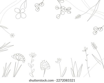 Blumenrahmen mit handgezeichnet gezogenen Vektordoodle-Pflanzen im durchgehenden Linienstil. Abstrakter Konturhintergrund