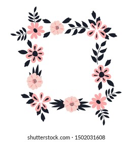 Floral frame . Vector elegant floral arrangement with blue leaves and pink flowers. Design for invitation, wedding, greeting cards, posters, prints, wedding