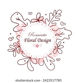 Marco floral. Ilustración vectorial de una corona elástica dibujada a mano aislada sobre un fondo blanco. Silueta circular de hojas para invitaciones, tarjetas de felicitación, afiches, blogs. Estilo Doodle.