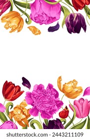 Floral frame of vector multicolored tulips and pink peonies. Very realistic drawn spring plants with leaves. Place for text. Postcard banner or message in social networks. Spring theme 