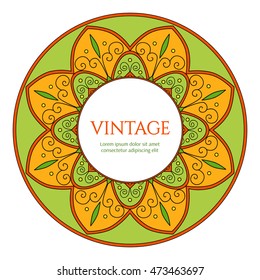 Floral frame vector with orange, green and yellow colors. Festive illustration with mandala decoration. Template for design festival banner, poster, flyer, label or party invitation.