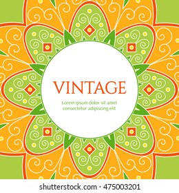 Floral frame vector with orange, green and yellow colors. Festive illustration with indian background. Template for design yoga banner, cover, poster, flyer, label or party invitation.