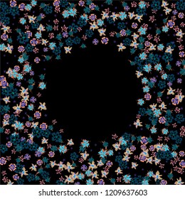 Floral Frame. Vector Round Pattern with Tiny Wild Flowers for Wallpaper, Brochure, Placard. Floral Decoration for Wedding or Birthday Invitation. Colorful Design on Black Background.