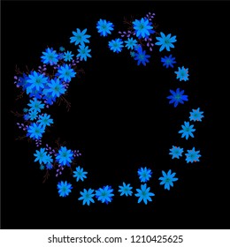 Floral Frame. Vector Round Pattern with Tiny Wild Flowers for Card, Cover, Poster. Floral Decoration for Wedding or Birthday Invitation. Trendy Design on Black Background.
