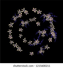 Floral Frame. Vector Round Pattern with Tiny Wild Flowers for Wallpaper, Banner, Placard. Floral Decoration for Wedding or Birthday Invitation. Trendy Design on Black Background.