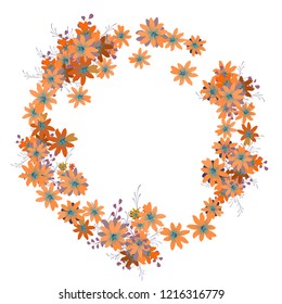 Floral Frame. Vector Round Pattern with Small Wild Flowers for Wallpaper, Brochure, Placard. Floral Decoration for Wedding or Birthday Invitation. Colorful Design on White Background.