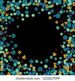 Floral Frame. Vector Round Pattern with Tiny Wild Flowers for Card, Cover, Poster. Floral Decoration for Wedding or Birthday Invitation. Colorful Design on Black Background.