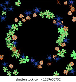 Floral Frame. Vector Round Pattern with Tiny Wild Flowers for Card, Cover, Banner. Floral Decoration for Wedding or Birthday Invitation. Bright Design on Black Background.