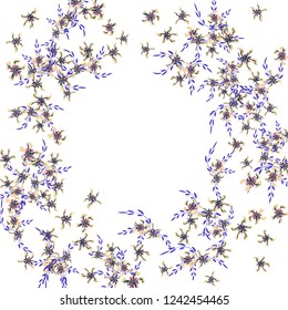 Floral Frame. Vector Round Pattern with Tiny Wild Flowers for Card, Cover, Poster. Floral Decoration for Wedding or Birthday Invitation. Colorful Design on White Background.
